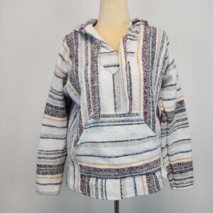 Striped Baja Campfire Poncho Pullover Size S Ivory Gray Hooded Skater Hippie